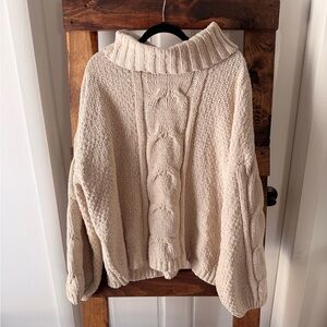 Seven7 Beige Cable Cowl Neck Sweater